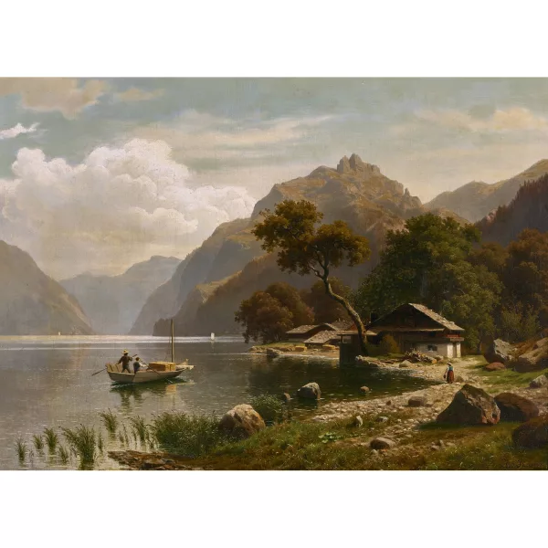 Joseph Jansen — Paesaggio lacustre con barca e montagne