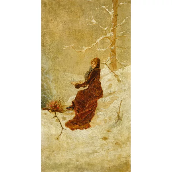 Maurice Delcourt — Attribué à MAURICE DELCOURT — Paysage hivernal avec dame élégante auprès du feu.