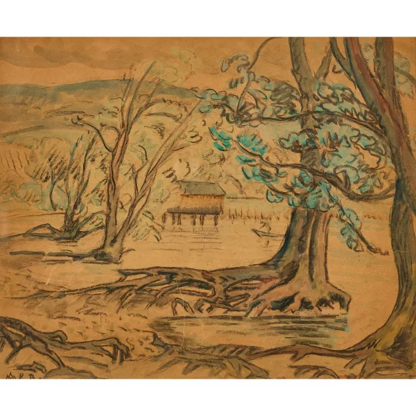 Alcide Le Beau — Riverside with trees and a house on stilts