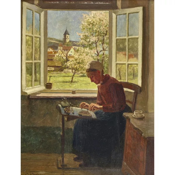 Peter Pulm — Interieur mit Frau am Klöppeltisch.