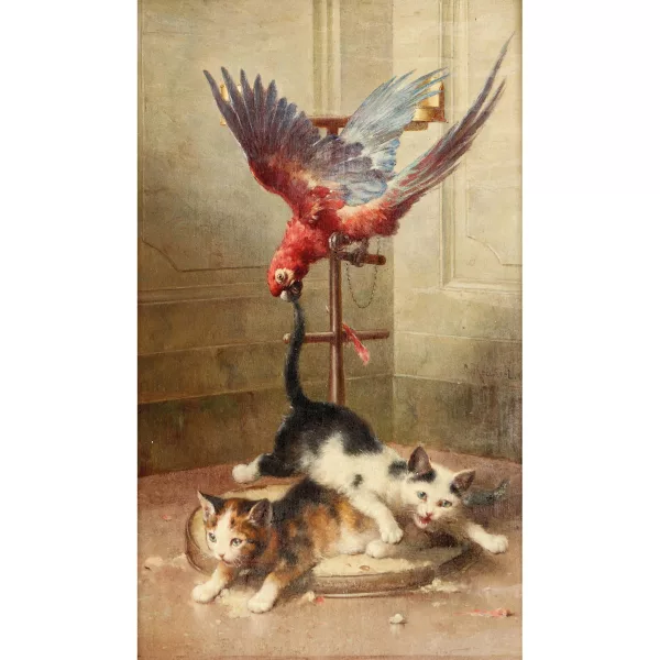 Carl Reichert — Ara rouge se vengeant d'un chaton.