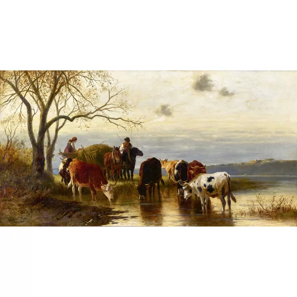 Christian Mali — Charrette de foin avec un couple de paysans et des vaches à l’abreuvoir
