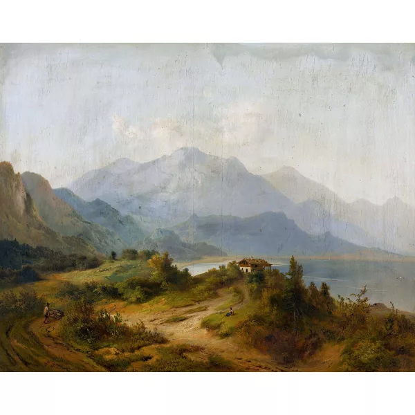 Karl August Aerttinger — Bergsee mit Haus und Holzsammler.
