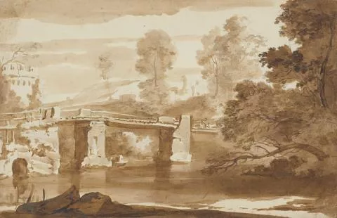 Jacob van der Ulft — Bewaldete Flusslandschaft mit einer Brücke und antiken Ruinen im Hintergrund