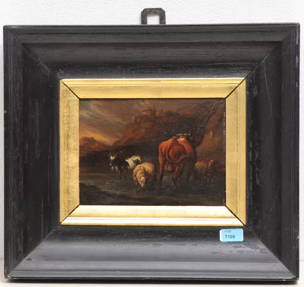 Nicolaes Pietersz. Berchem — Nachfolger von Nicolaes Berchem — Kuh, Ziege und zwei Schafe an der Tränke