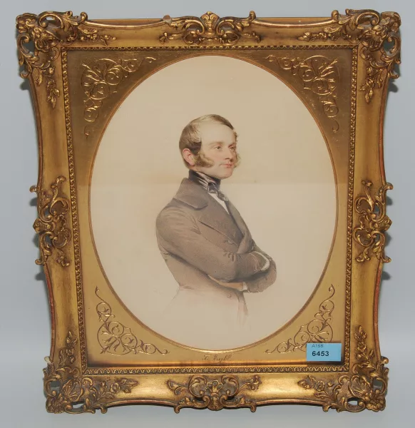 Franz Eybl — Portrait eines jungen, blonden Mannes mit Backenbart, in weinrotem Gehrock