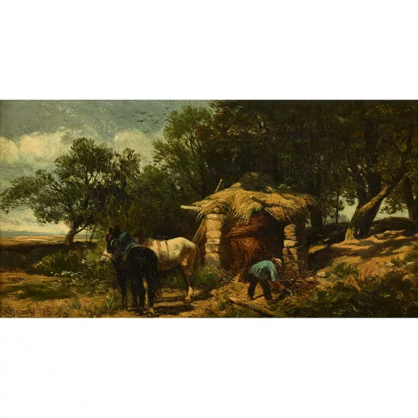 Richard Beavis — Baumgruppe mit Bauer, Pferden und Hütte.
