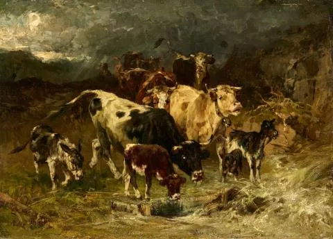 Anton Braith — Vaches devant une passerelle détruite par un torrent de montagne