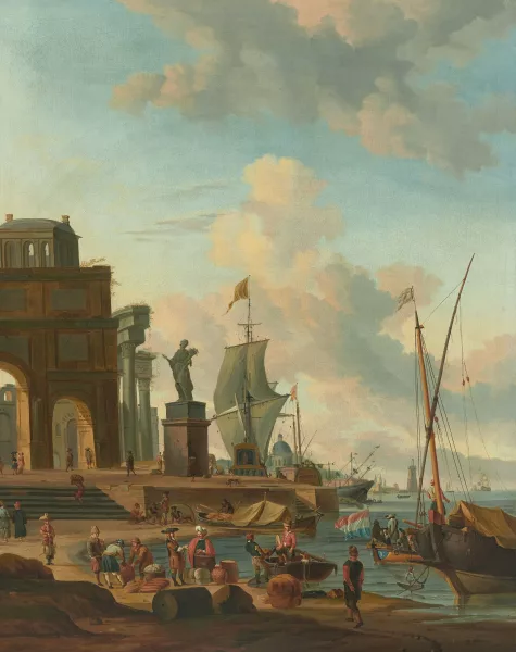Abraham Storck — Nachfolger Belebte Hafenszene mit Ruinen im Hintergrund
