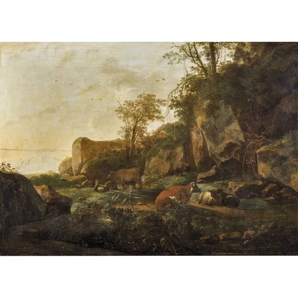 Adam Pynacker — Idyllische Landschaft mit Viehherde.
