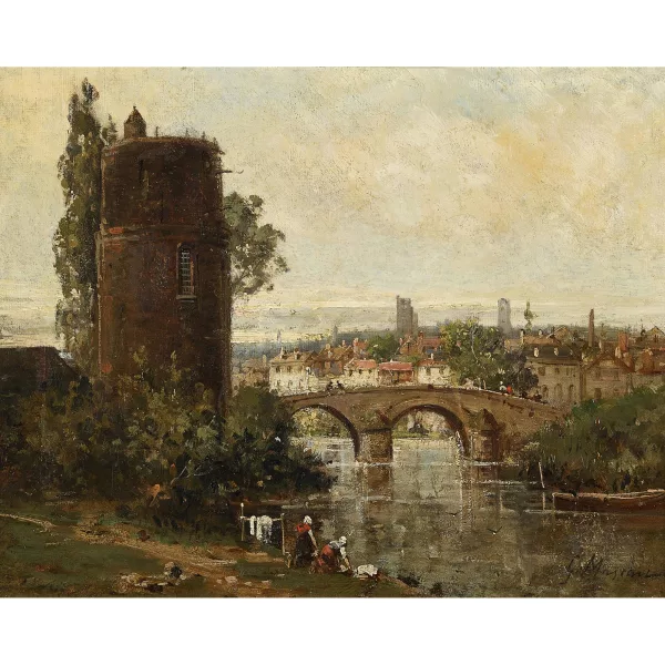 Gustave Mascart — Wäscherinnen am Fluss bei einer Stadtbrücke