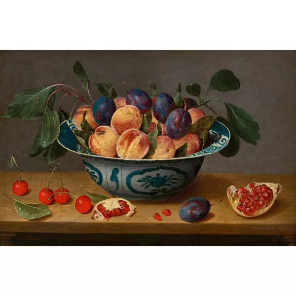 Jacob van Hulsdonck — Nature morte aux fruits à noyau dans une coupe Wanli Kraak.