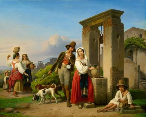 Theodor Leopold Weller — Ein Jäger und eine junge Frau an einem Brunnen in Sora