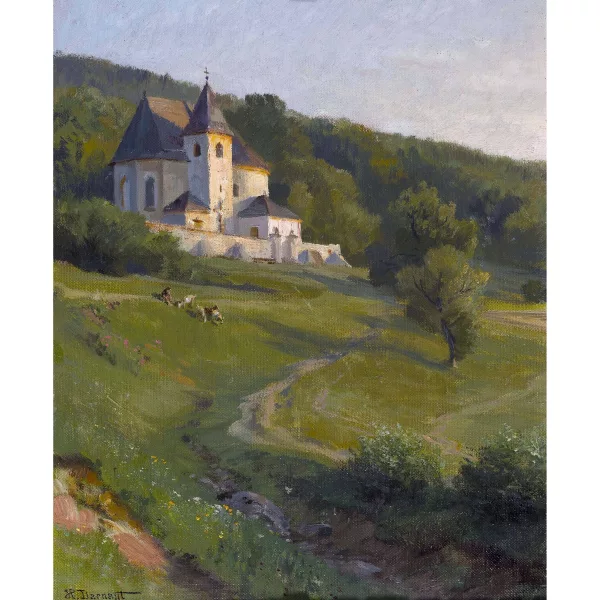 Hugo Darnaut — Kirche an sonnigem Waldrand.