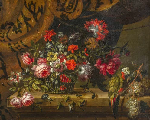 Baptiste, le jeune Monnoyer — Corbeille de fleurs et perroquet sur un entablement