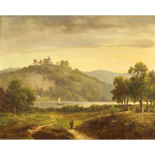 Leonhard Rausch — Paesaggio montano con barca a vela e cappella.