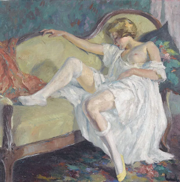 Edward Cucuel — Schlafende Dame auf grünem Sofa.