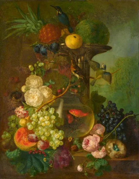 Jan van Os — Stillleben mit einem Goldfischglas, Vogelnestern, Früchten und Blumen auf einem Steinsockel