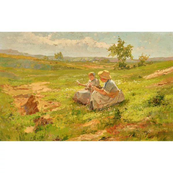 Ugo Gheduzzi — Frau und Mädchen mit Blütenkette auf blühender Wiese.