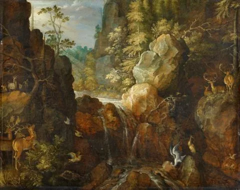 Roelandt Savery — Gebirgslandschaft mit Storch und Hirschen bei einem Wasserfall