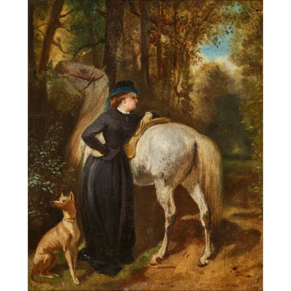 Alfred de Dreux — Entourage de ALFRED DEDREUX — Dame mit Pferd und Jagdhund auf einem Waldweg.