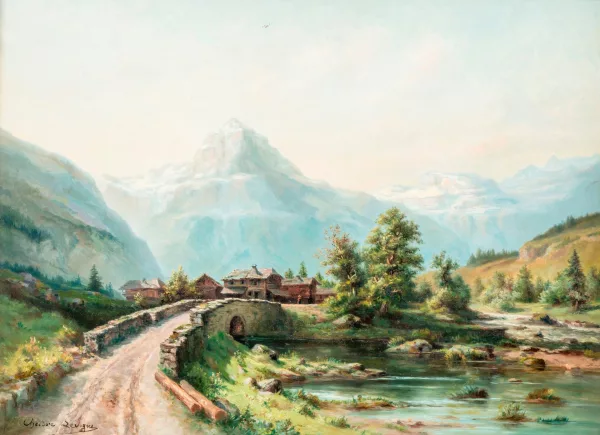 Théodore Levigne — Village au pied des montagnes