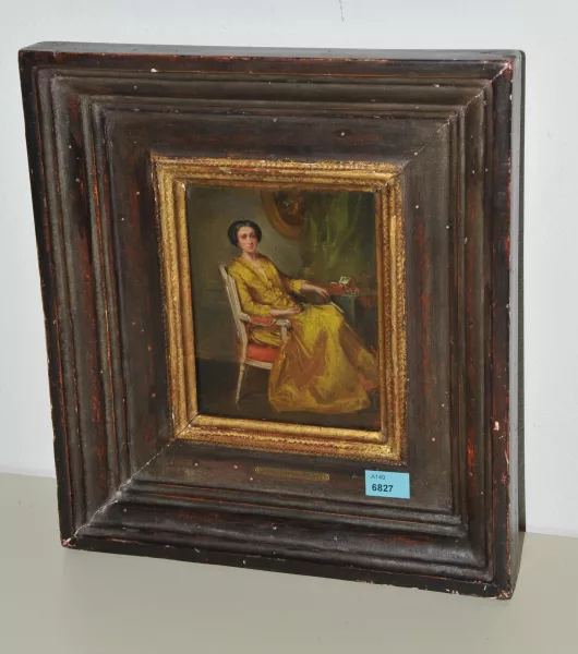 Charles François Pécrus — Elegante Dame in gelbem Kleid, in einem Fauteuil sitzend