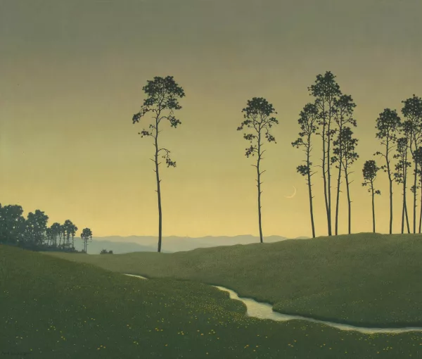 Felix Heuberger — Baumbestandene Hochebene mit Mondsichel im Abendlicht