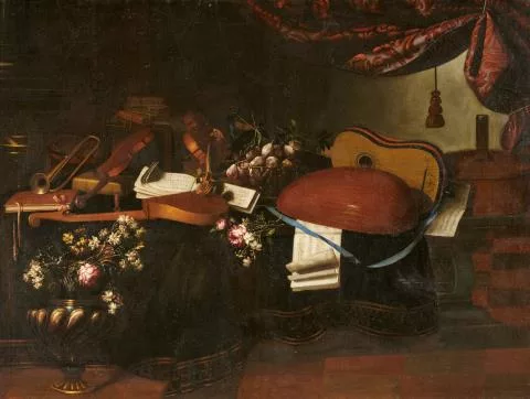 Bartolomeo Bettera — Ein Vanitas-Stillleben mit Musikinstrumenten, Notenheften und einer Armillarsphäre