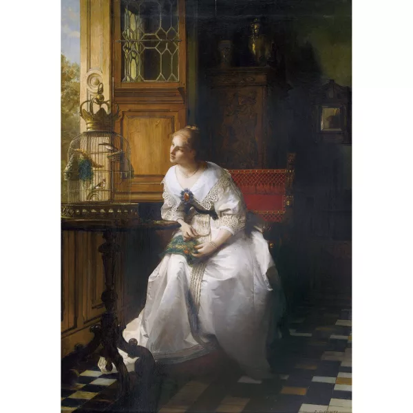Pierre Charles Comte — Frau am Fenster mit Stieglitzen im Käfig.
