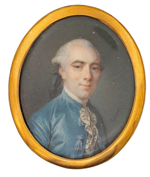 Claude Bornet — Portrait eines Herrn in blauem Seidenrock mit weissem Spitzenjabot