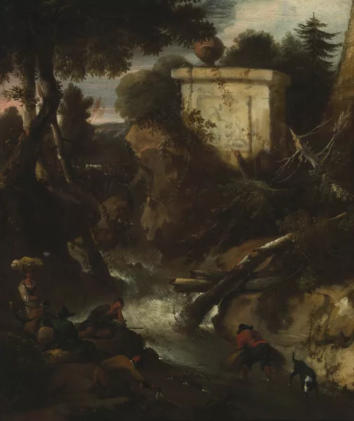 Nicolaes Pietersz. Berchem — Nachfolger Capriccio mit Bauern an einem Bach