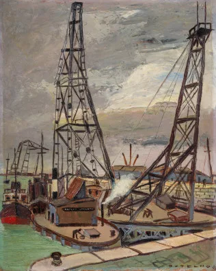 Carlos Botelho — Harbour scene with cranes, 1942