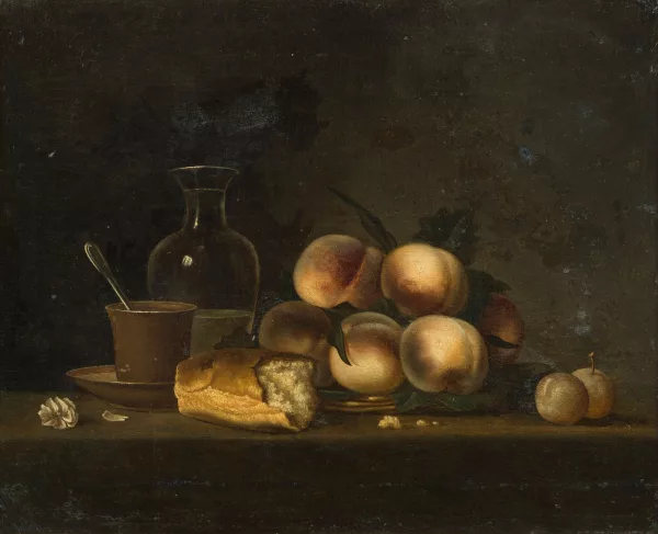 Henri-Horace Roland Delaporte — Umkreis Stilleben mit Pfirsichen, Brot, Tasse und Glaskaraffe