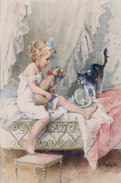 Alcide Théophile Robaudi — Jeune fille avec chat et chien