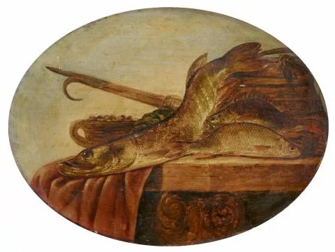 Pieter de Putter — Stillleben mit Fischen auf einer Holzplatte
