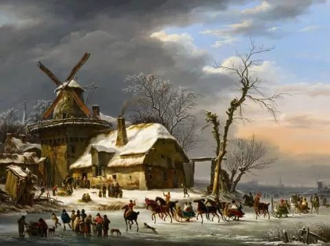 Henri Van Assche — Winterliches Treiben auf einem zugefrorenen Fluss vor einer Windmühle