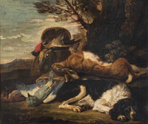 David de Koninck — Jagdstillleben mit Spaniel