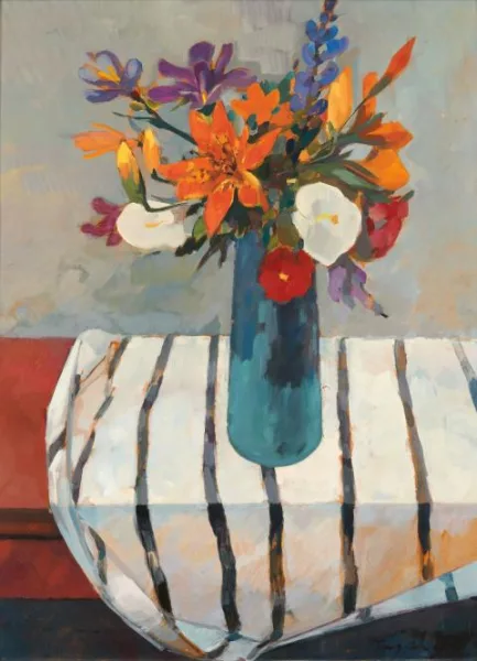 Hansjörg Wagner — Blumenstillleben mit gestreifter Decke