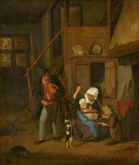 Cornelis Dusart — Interieur mit Bauernfamilie und Hund