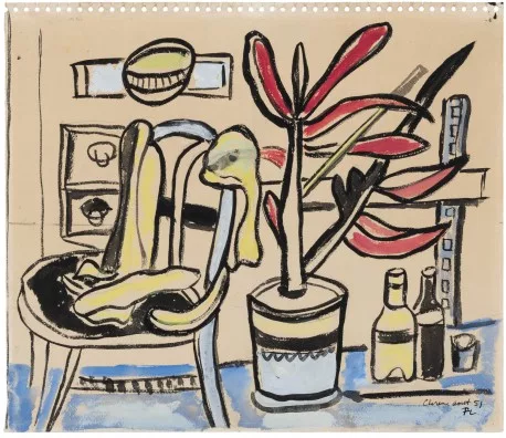 Fernand Léger — Stillleben mit Stuhl, Blumentopf und Flaschen, 1951