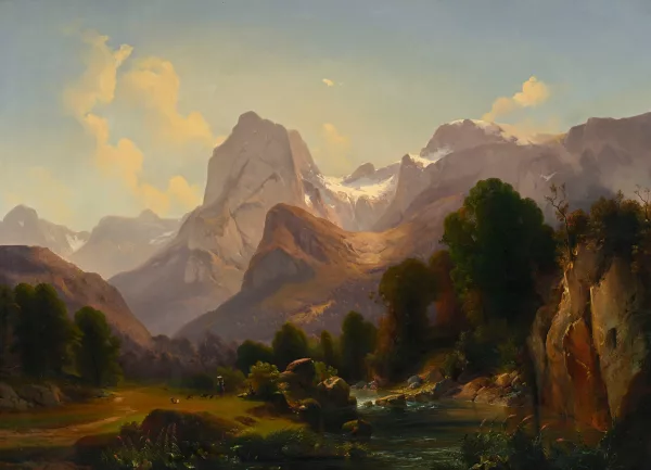 Federico Ashton — Attribué à Federico Ashton — Paysage de montagne animé près d’une rivière
