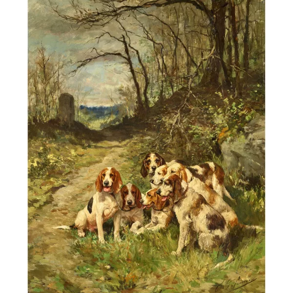 Charles Olivier de Penne — Hunting dogs on a woodland path.