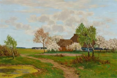 Paul Müller-Kaempff — Frühsommerliche Landschaft mit Bauernkaten bei Ahrenshoop