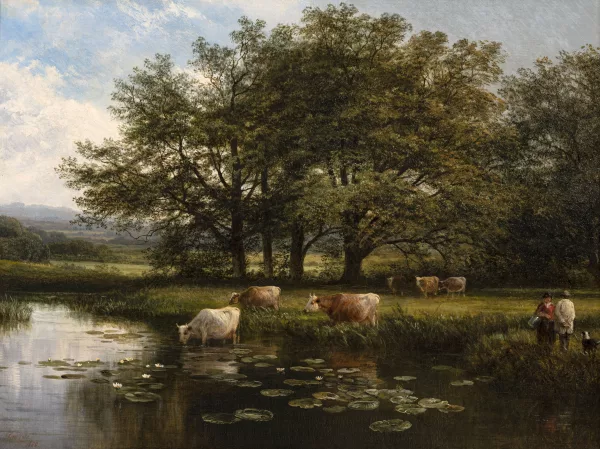 George Cole — Paysage animé, vaches s'abreuvant
