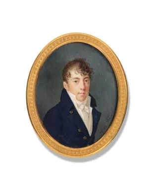 Aimée Thibault — Ovales Miniatur Portrait eines Mannes in dunkler Jacke