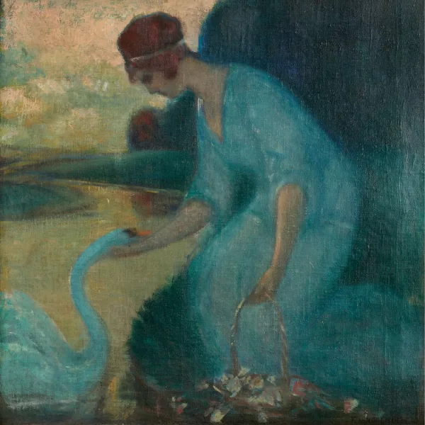 Ferdinand Engelmüller — Femme avec panier de fleurs et cygne.