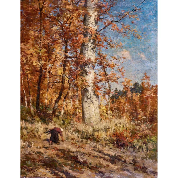 Isidore Verheyden — Forêt automnale avec ramasseuse de fagots.