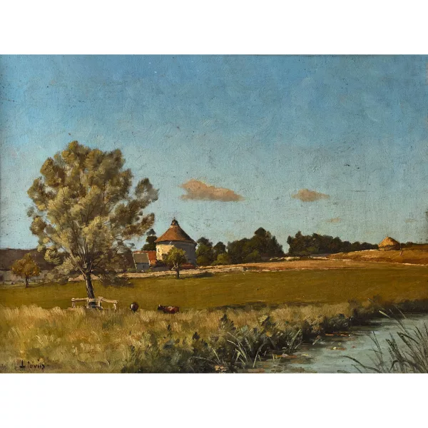 Eugène Galien — Paesaggio estivo con ruscello e villaggio