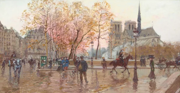 Georges Stein — eigentlich Séverin Louis Stein (Paris 1864–1917 Genf) Die Kathedrale Notre-Dame de Paris von der Place Jacques-Duhamel aus gesehen